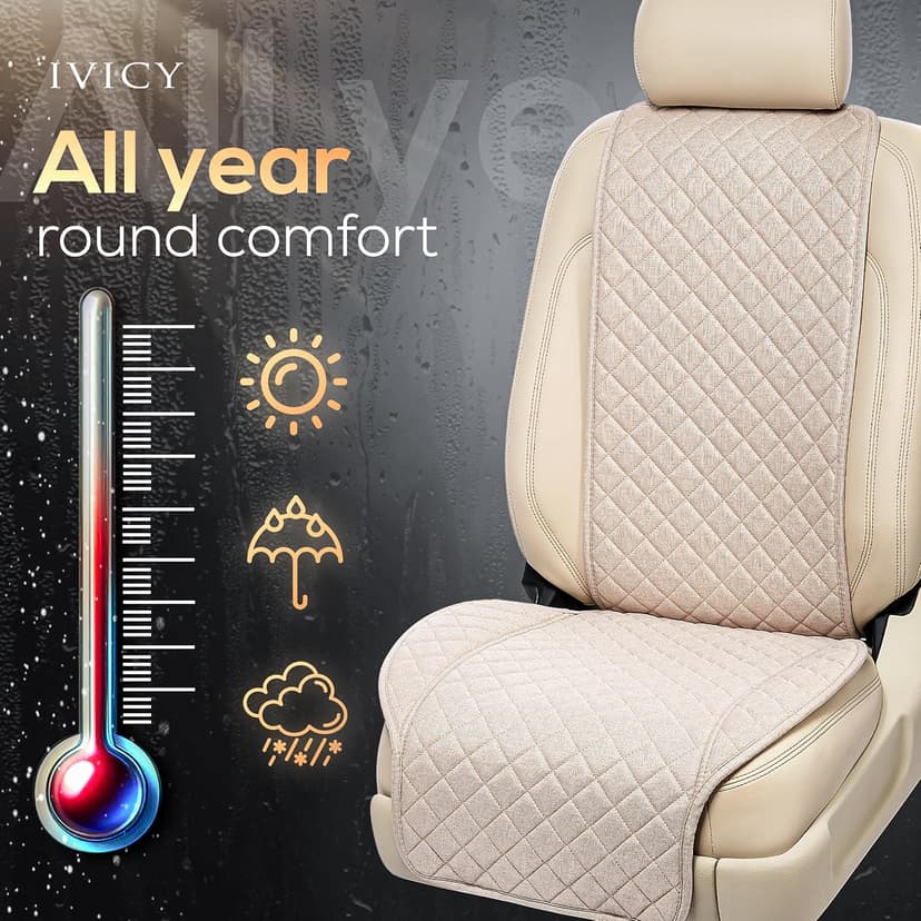IVICY Linen Car Seat Cover for Cars - Non-Slip Soft & Breathable - Front Car Seat Protector Covers Universal Fits Most Automotive, Vans, SUVs, Trucks - 1 Unit - Beige