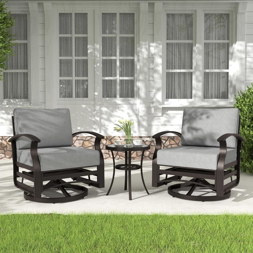 Kurapika 3 Pieces Patio Furniture Set, Outdoor Aluminum Rocking Chair, Patio Bistro Set Swivel Gliders Rocker with Tempered Glass Side Table (Grey)