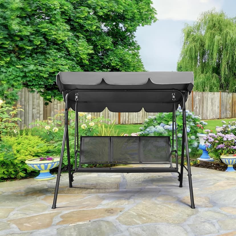 Yaheetech Outdoor Patio Swing Chair, 3-Seat Patio Sunset Hanging Swing Glider w/Adjustable Canopy & Texteline Fabric & Armrests, Outdoor Love Seat Bench for Patio/Garden/Yard/Porch, Gray