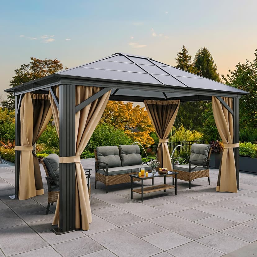 YITAHOME 10x12 Polycarbonate Gazebo Hardtop Outdoor Canopy with Netting and Shaded Curtains, Aluminum Frame Garden Tent for Patio, Backyard, Deck and Lawns, Brown