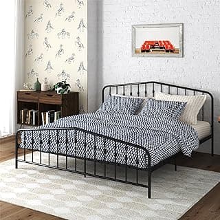 Novogratz Bushwick Modern Metal Bed, Slightly Triangular Headboard and Footboard with Inset Spindles, Adjustable Base Height for Underbed Storage, Requires No Box Spring, King Size - Black