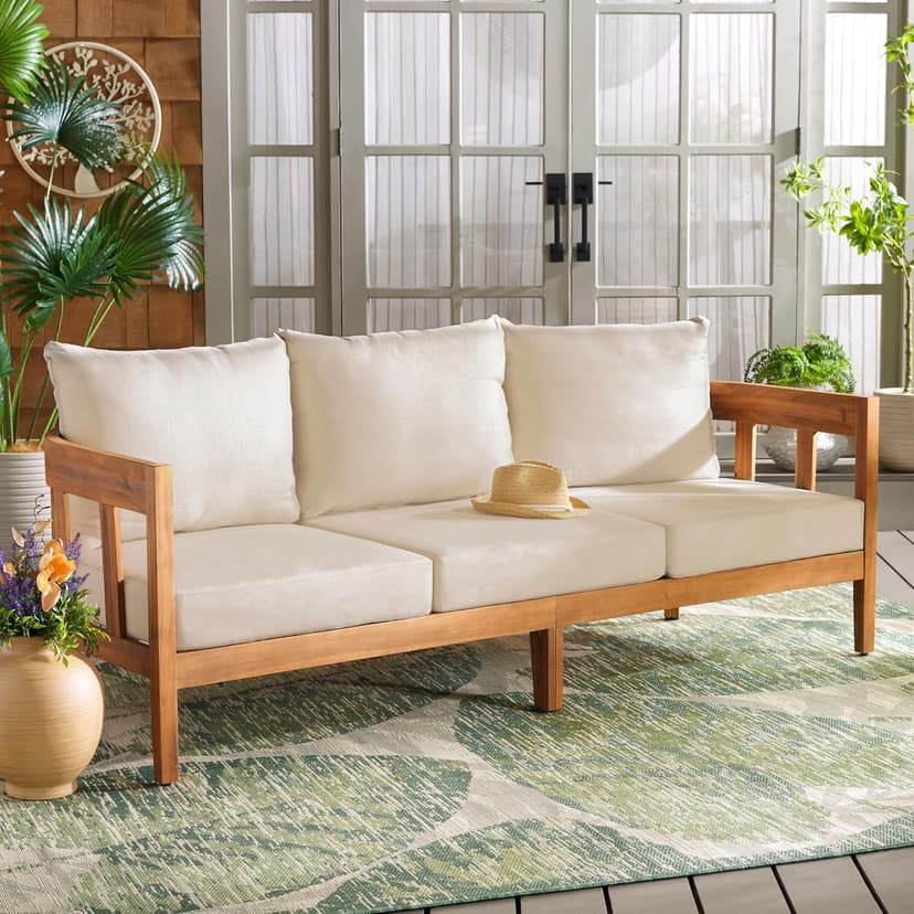SAFAVIEH Outdoor Collection Owen Natural Teak Solid Wood/Taupe Cushion 3-Seater Sofa