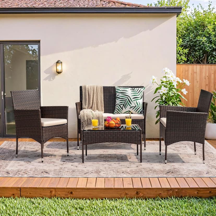 Homall 4 Pieces Outdoor Patio Furniture Sets Rattan Chair Wicker Set, Outdoor Indoor Use Backyard Porch Garden Poolside Balcony Furniture Sets Clearance (Brown and Beige)