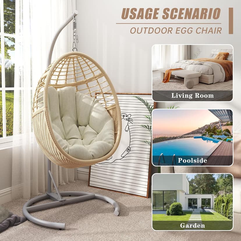 TWT Egg Swing Chair with Stand Hanging Egg Chair Outdoor - Rattan Wicker Patio Hanging Basket Chair Hammock Chair with Metal Frame and UV Resistant Cushion for Indoor Bedroom Balcony (Beige)