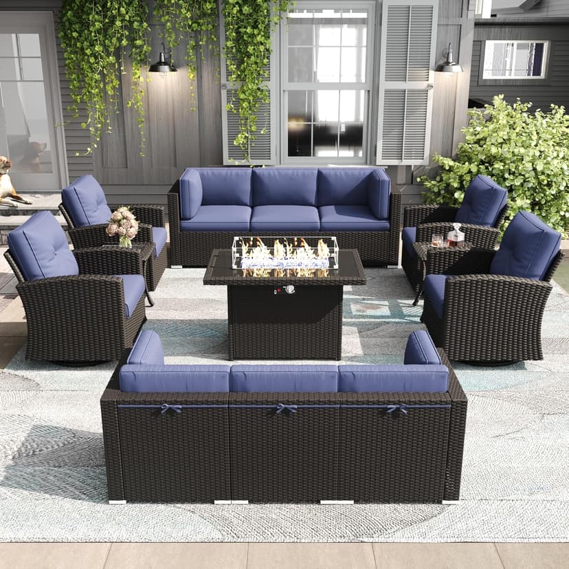 LayinSun 13 Pieces Patio Furniture Set with Fire Pit Table, Black Rattan Modular Sectional Outdoor Conversation Sofa Set, Swivel Rocking Chairs Set