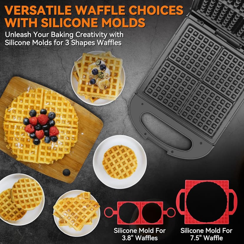 Multi Shapes Waffle Iron Combo - Mini, American Classic, Belgian & Chaffle Maker, 2 Silicone Molds, Graphite
