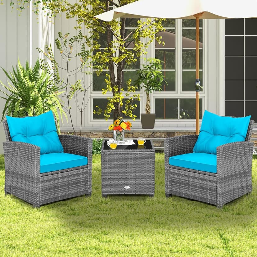 Tangkula 3 Pieces Patio Furniture Set, Outdoor PE Rattan Conversation Chair Set with Tempered Glass Side Table and Removable Cushions, PE Wicker Chairs and Table Set for Porch, Balcony and Garden