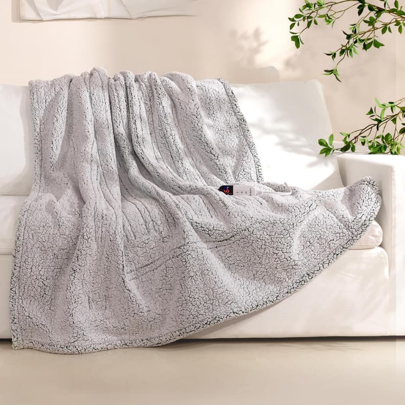 Electric Blanket Heated Throw Soft Double Sherpa Super Cozy with 6 Fast Heating Levels & 1-4 Hours Auto-Off, Over-Heat Protection, Machine Washable-White