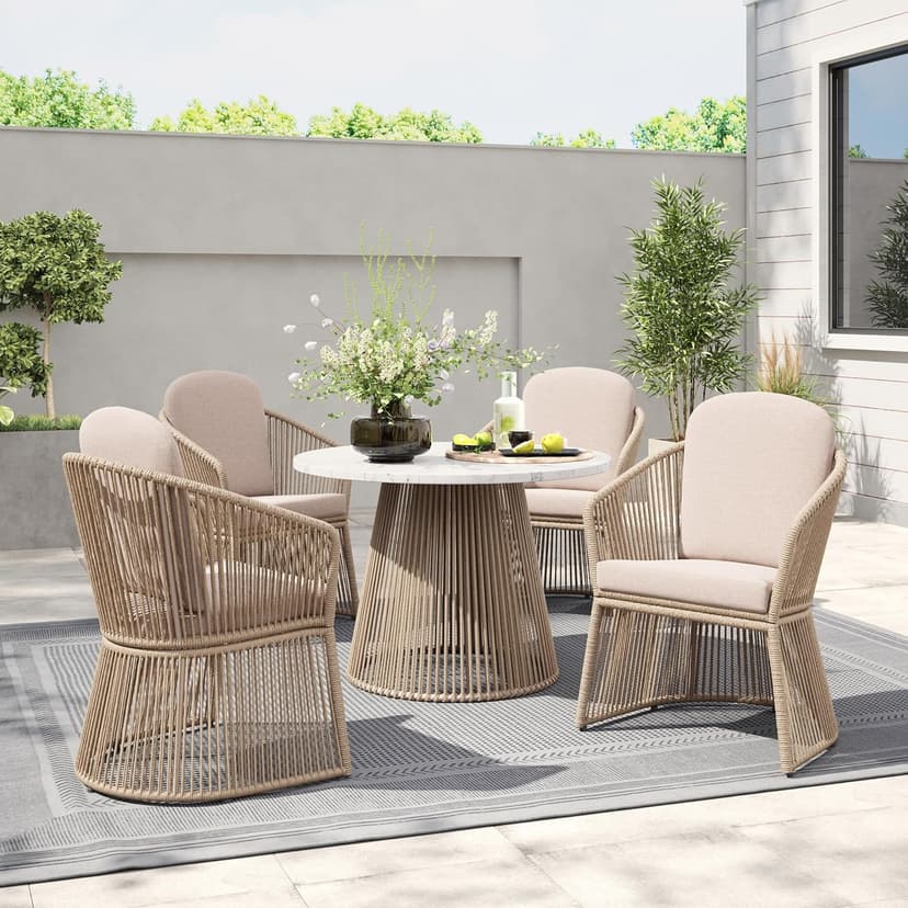 SUNSITT Patio Chairs Set of 4, Woven Wicker Outdoor Dining Chair w/Weather-Resistant Cushions, Modern Bistro Chairs Set of 4 w/Curved Armrest Beige for Garden Balcony Backyard