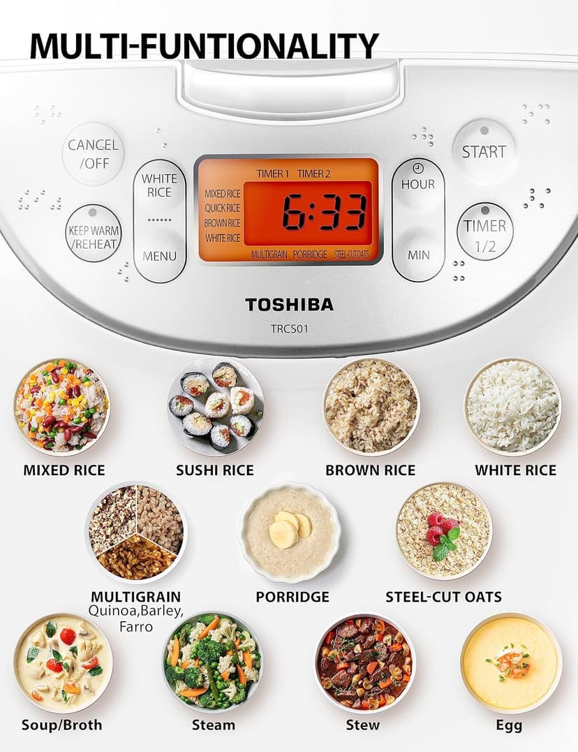 TOSHIBA Rice Cooker 6 Cup Uncooked – Japanese Rice Cooker with Fuzzy Logic Technology, 7 Cooking Functions, Digital Display, 2 Delay Timers and Auto Keep Warm, Non-Stick Inner Pot, White
