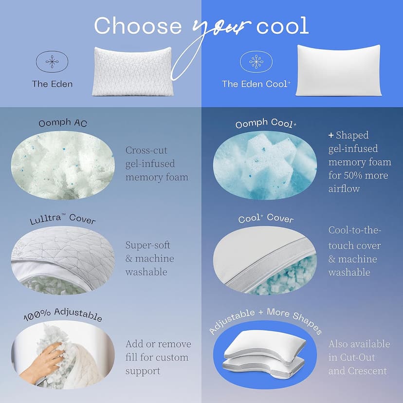 Coop Home Goods Cool+ Crescent Adjustable Pillow, Queen Size Plus Shaped Memory Foam Pillows with Cooling Gel, Neck Support, Back or Side Sleeper Pillow, CertiPUR US/GREENGUARD Gold