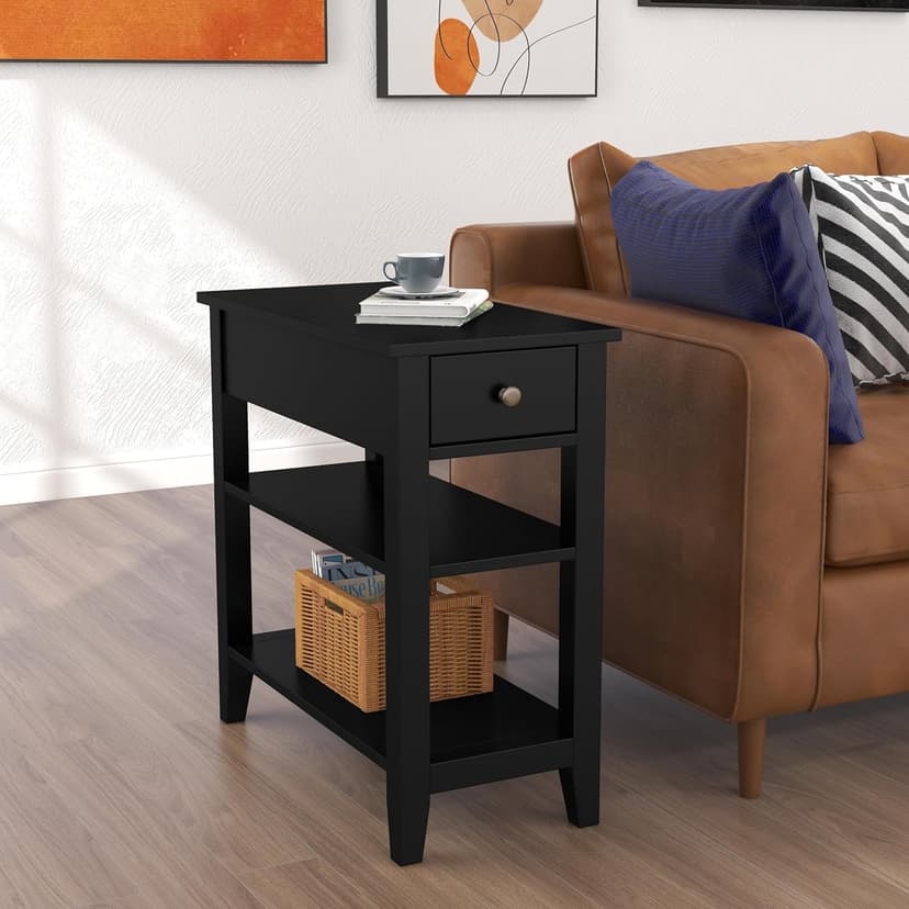 ChooChoo Side Table Living Room Set of 2, Narrow End Table with Drawer and Shelf, 3-Tier Sofa End Table for Small Space