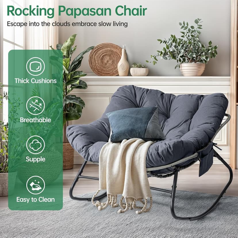LotFun Papasan Rocking Chair, Outdoor Patio Rocking Chairs with Thick Cushion and Removable Side Pockets, Oversized Rocker Egg Chair for Bedroom, Porch, Garden (Dark Grey, 33" W x 40" D x 28" H)