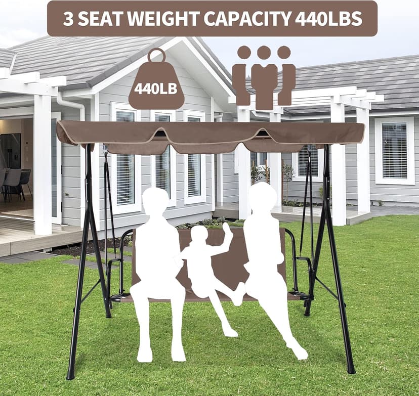 3-Seat Patio Swing Chair, Outdoor Porch Swing with Adjustable Canopy and Durable Steel Frame for Patio, Garden, Poolside(Brown)