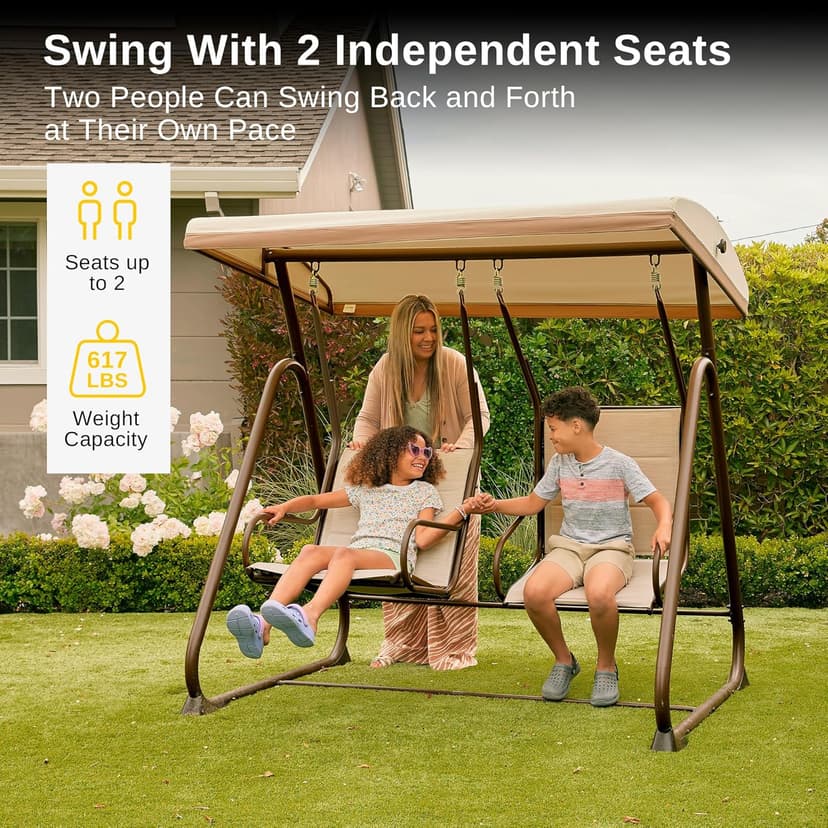 EAST OAK 2-Person Outdoor Porch Swing with Adjustable Canopy, Patio Swing Chair with Comfortable and Breathable Seats, Independent Swing Chairs for Garden, Balcony, Backyard, Chestnut Brown