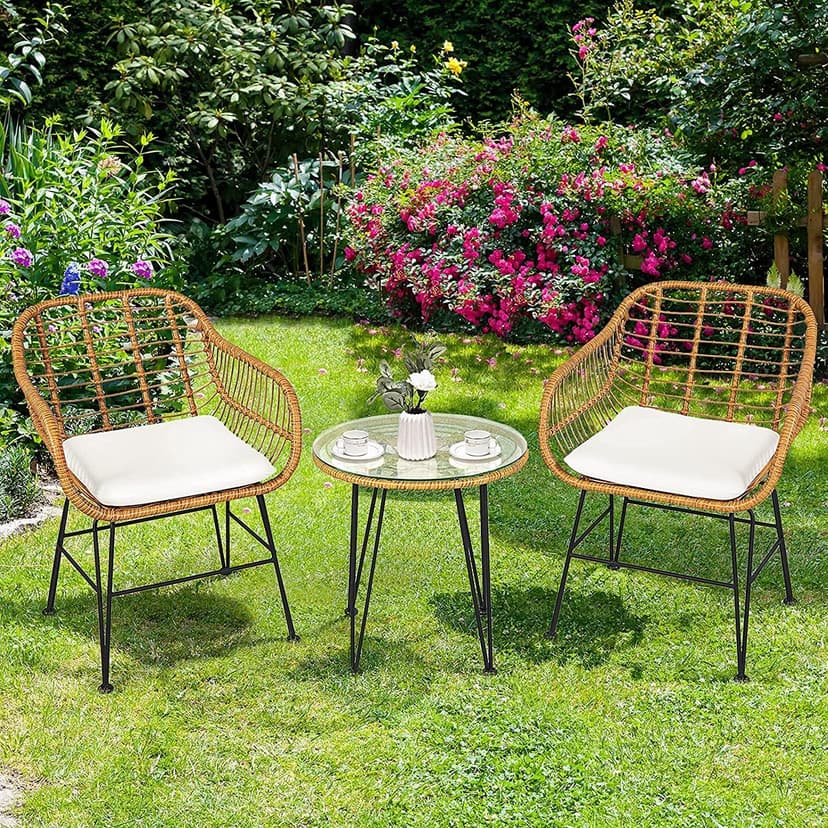 Bistro Table and Chairs Set of 2, Outdoor Patio Rattan Chair & Tempered Glass Coffee Table Set w/Removable Washable Beige Cushion Cafe Set for Indoor Balcony, Poolside, Garden (Pale Brown)