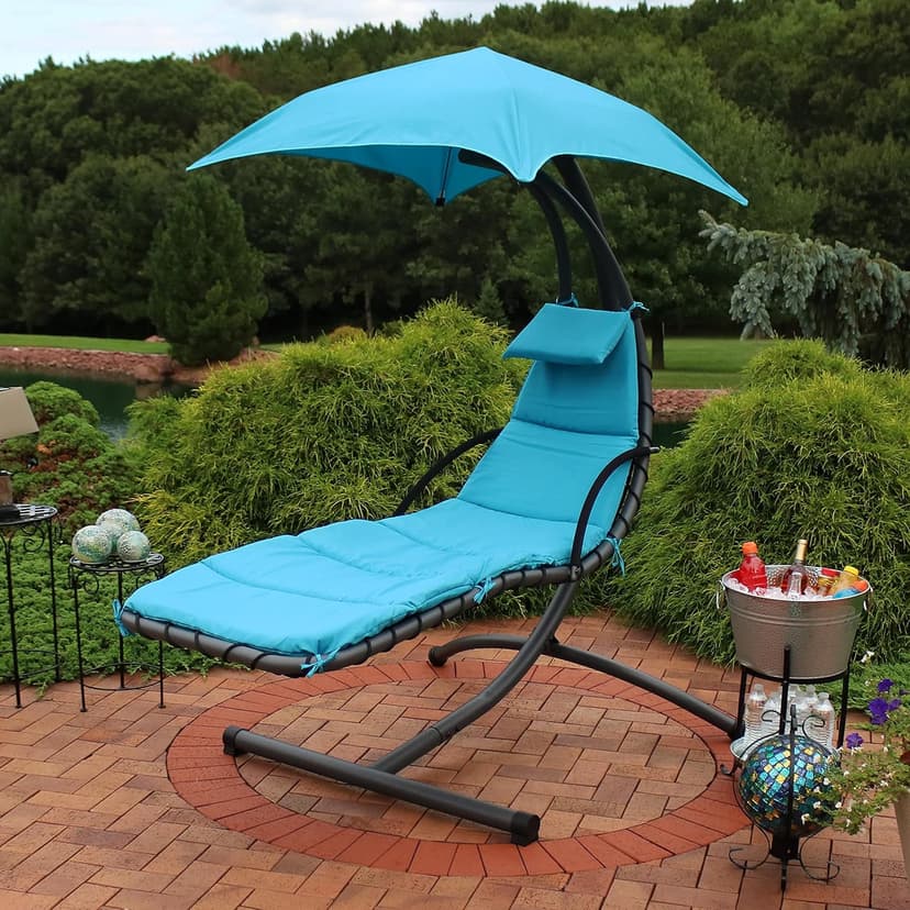 Sunnydaze Floating Chaise Lounger - Outdoor Hanging Patio Swing Chair with Canopy and Arc Stand - 260-Pound Capacity - Teal - 79 Inches Long