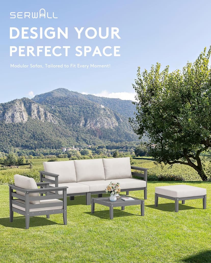 SERWALL HDPE Patio Furniture Set, 10 Pieces Outdoor Sectional Sofa Set, All-Weather Wood-Like Outdoor Sofa Couch with Coffee Table for Deck, Lawn, Grey Frame with Khaki Cushion