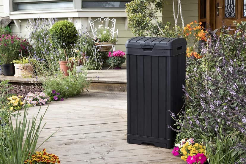 Keter Baltimore Resin 38 Gallon Outdoor Kitchen Trash Can with Lid and Drip Tray for Easy Cleaning-Perfect for Patio Dining, Black