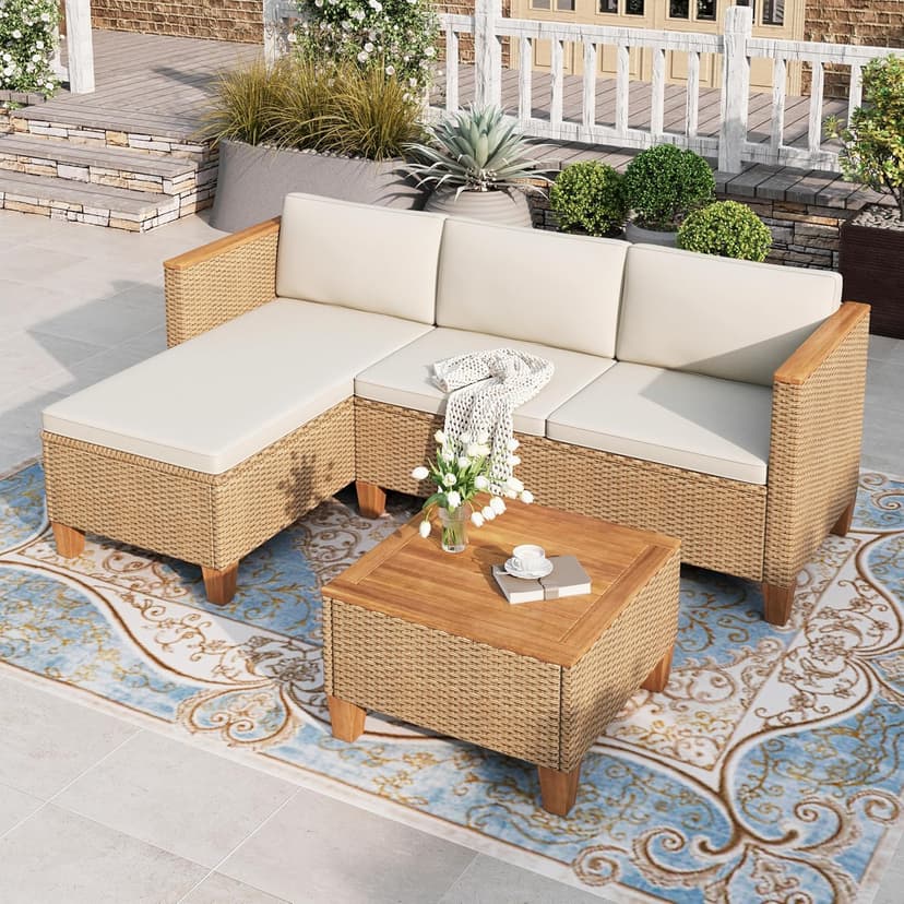 HERA'S HOUSE Small Patio Furniture Set, All Weather 3 Pieces Wicker Outdoor Sectional Set,Yellow Rattan Conversation Set with Lounge Sofa and Coffee Table for Lawn, Garden