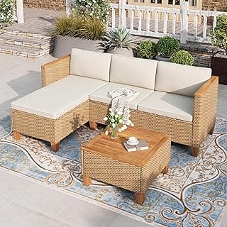 HERA'S HOUSE Small Patio Furniture Set, All Weather 3 Pieces Wicker Outdoor Sectional Set,Yellow Rattan Conversation Set with Lounge Sofa and Coffee Table for Lawn, Garden