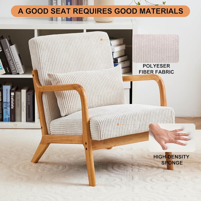 Accent Chairs, Set of 2 Mid-Century Modern Chair with Pillow, Armchair with Solid Wood, Reading Relaxing Leisure Chair for Living Room,（Beige）