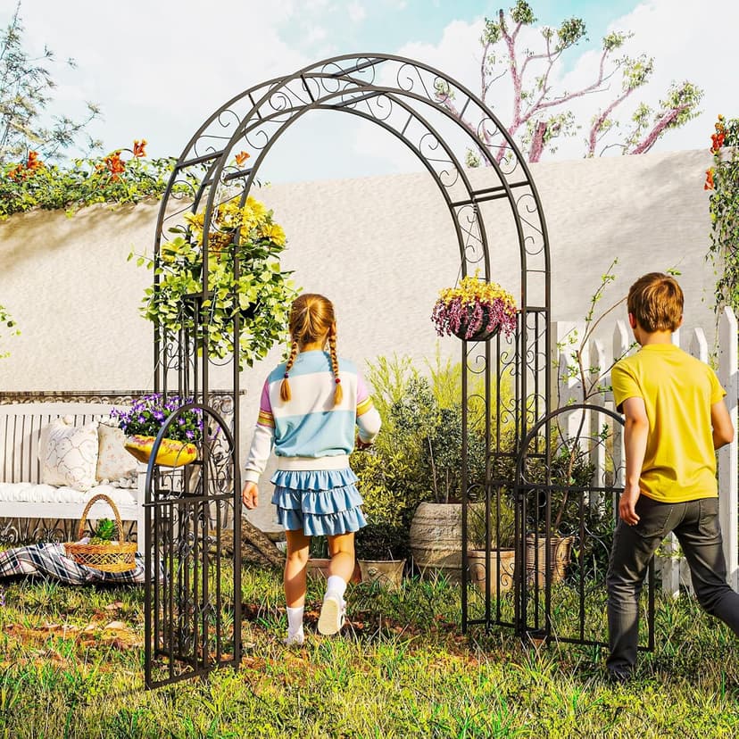 Outsunny 7.4ft Steel Garden Arch with Gate, Garden Arbor Trellis for Climbing Plants, Roses, Vines, Wedding Arch Stand for Outdoor, Garden, Lawn, Backyard, Black