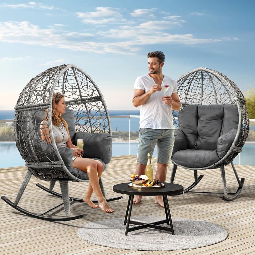 YITAHOME Wicker Rocking Egg Chair, Outdoor Patio Rocking Chair with 5.9in Thick Cushion, 250lb Capacity, Anti-Slip, All-Weather Resilient Egg Lounger Chair for Indoor & Outdoor, Grey(1 Pack only)