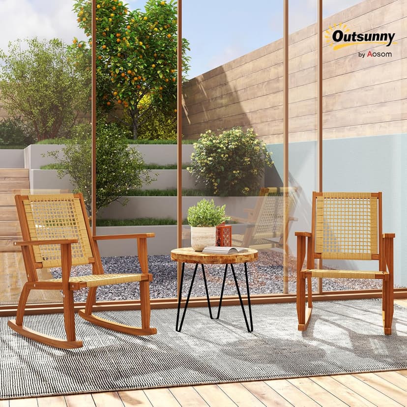 Outsunny Outdoor Rocking Chair Set of 2, Acacia Wood Outdoor Rockers with Armrests, Rattan Wicker Back and Seat, Patio Wooden Rocking Chair Set for Garden, Balcony, Porch, Khaki