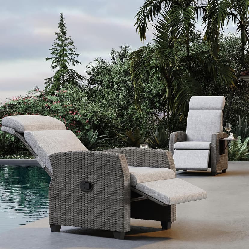 Outdoor Wicker Recliner Chair, Patio Recliner with Independently Adjustable Backrest and Footrest, All-Weather PE Wicker Patio Reclining Lounge Chair with Flip-Up Table Air Pump 155° Lay Flat