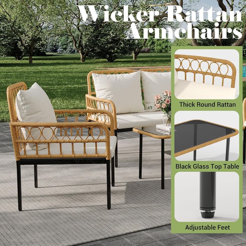 IDEALHOUSE 4-Piece Outdoor Patio Furniture Set, All-Weather PE Rattan Wicker Loveseat & Chairs with Glass Coffee Table & Steel Frame, Boho Conversation Set for Patio, Balcony, Backyard, Beige