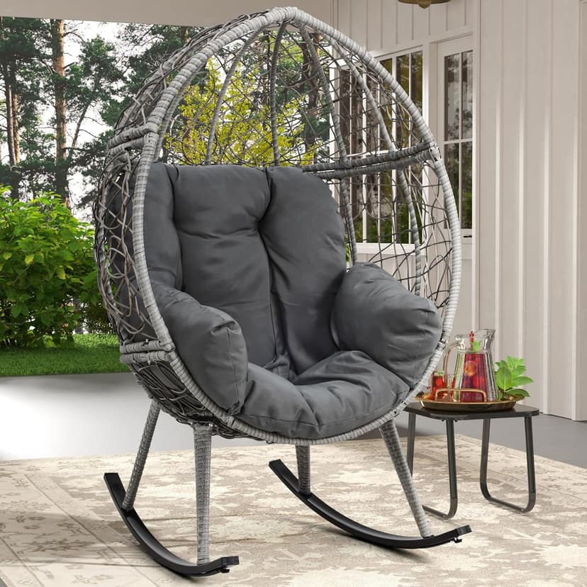 YITAHOME Wicker Rocking Egg Chair, Outdoor Patio Rocking Chair with 5.9in Thick Cushion, 250lb Capacity, Anti-Slip, All-Weather Resilient Egg Lounger Chair for Indoor & Outdoor, Grey(1 Pack only)