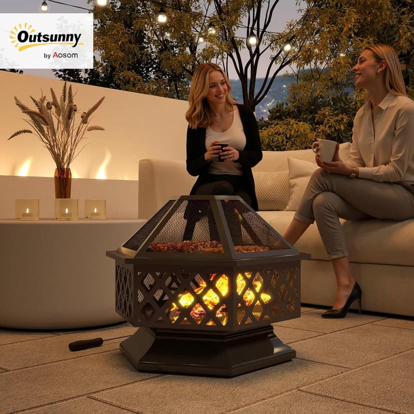 Outsunny 28" Outdoor Fire Pit Grill, Portable Wood Burning Firepit for Outside with Cooking Grate, Fire Poker, Spark Screen Lid, Steel Hexagon Fireplace for Patio Bonfire Backyard BBQ Camping Picnic