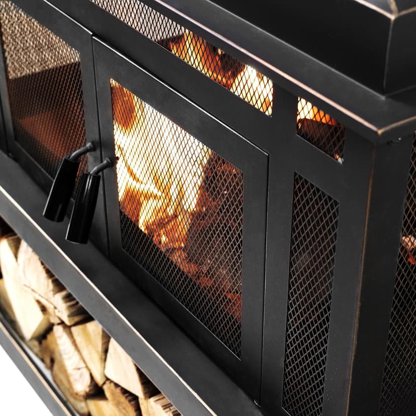 Rimasco 80-Inch Metal Wood Burner Fireplace with Side Storage Tables - Wood Burning Fire Pit for Home - Smokeless Patio Fire Pit - Outdoor