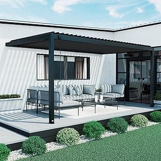 Backyard Discovery Evanston 18'x10' Galvanized Steel Wall-Mounted Louvered Pergola Kit with Adjustable Roof, Shade, Rain Protection, High-Wind Rating, PowerPort, Gutter System for Outdoor Patio, Deck