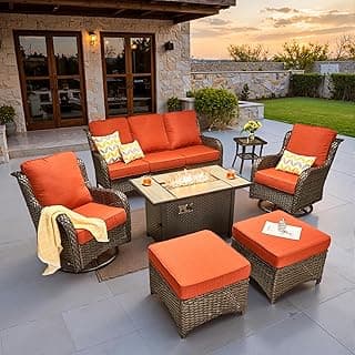 ovios 7 Pieces Patio Furniture Set, Outdoor Wicker Sofa Couch with Swivel Chairs 42" Fire Pit Table, All Weather High Back Modern Conversation Sets, Brown Rattan, Orange Red
