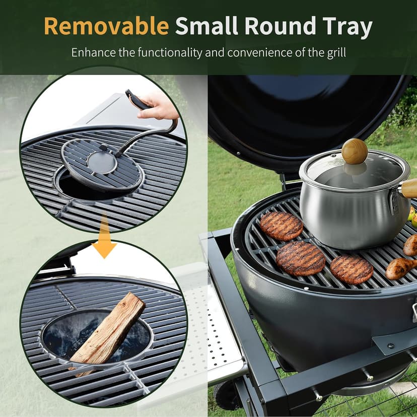 Brand-Man RODEO Steel Kamado Charcoal Grill & Smoker - 22" Cast Iron Grates, Grilling Basket, Large Prep Table Cart, Ideal for Outdoor Cooking