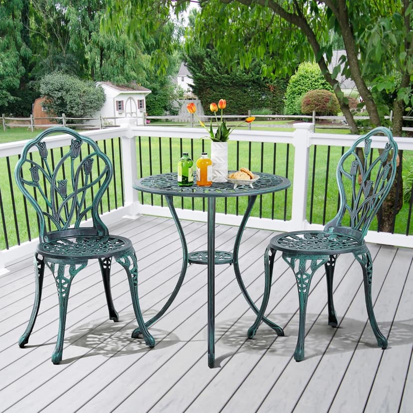 Yaheetech Patio Bistro Sets 3 Piece Cast Aluminum Bistro Table and Chairs Set, Cast Aluminum Bistro Table and Chairs Set of 2 with Umbrella Hole for Patio Backyard Balcony, Green