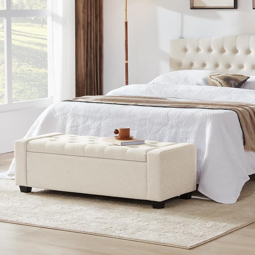 Ottoman with Storage, Storage Ottoman Bench with Safety Hinge, Upholstered Entryway Bench with Seating for Bedroom, Living Room, Holds up to 330 lb, Beige
