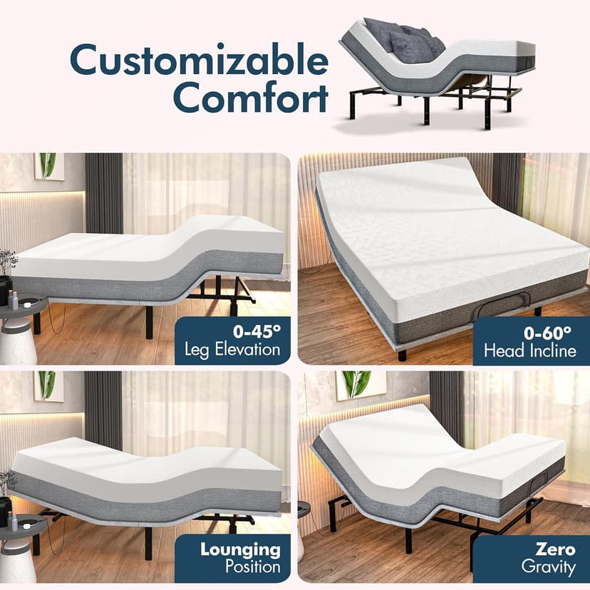 SF Split King Adjustable Bed Frame with Hybrid Mattress Included Massage - Adjustable Bed + Medium Soft Mattres, USB, UnderBed Light, Remote + App Control Electric Zero Gravity Base
