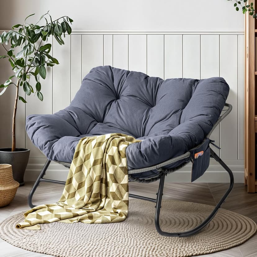 LotFun Papasan Rocking Chair, Outdoor Patio Rocking Chairs with Thick Cushion and Removable Side Pockets, Oversized Rocker Egg Chair for Bedroom, Porch, Garden (Dark Grey, 33" W x 40" D x 28" H)