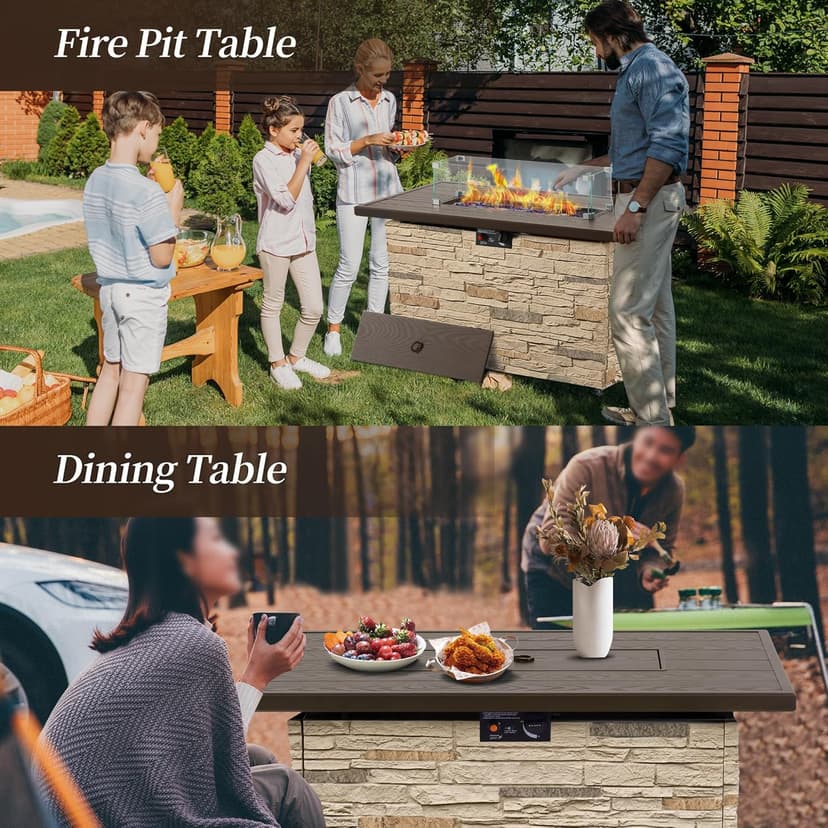 43" Propane Fire Pit Table Outdoor Stone Firepit Table Rectangular 50000 BTU Propane Fire Tables for Outside Patio with Wind Guard, Table Lid, Fire Beads, Cover,Pizzello Caldo (Buff)