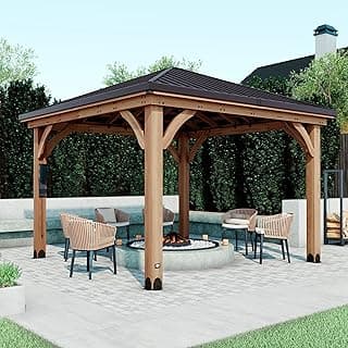 Backyard Discovery Barrington 12' x 12' Cedar Wood Outdoor Gazebo Pavilion with Hardtop Galvanized Steel Hip Roof, Snow Support, Wind Resistance, PowerPort, Shade for Garden, Patio, Deck, Entertaining