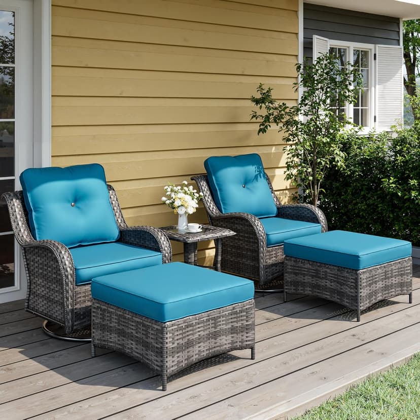 5 Piece Patio Furniture Set, Outdoor Swivel Chair Sets with Thick Cushion, Side Table and Ottoman, Wicker Patio Conversation Set for Deck Porch Sunroom