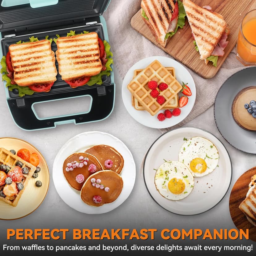 Baker’s Friend 3 in 1 Mini Waffle Maker with Removable Plates, Mini Pancake Maker, Grilled Cheese Maker, Breakfast Sandwich Maker Press, Mini Indoor Grill, Belgian Waffle Maker, Aqua