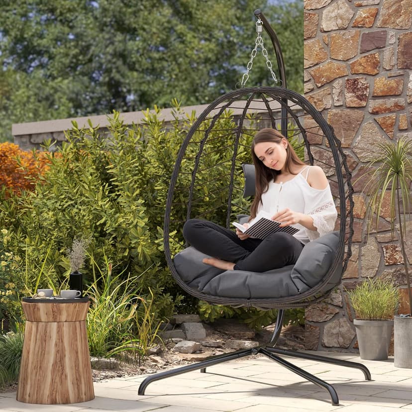 Egg Chair with Stand, Patio Wicker Hanging Chair, Hammock Swing Chair, 350LBS Capacity for Bedroom, Balcony(BR-GR)