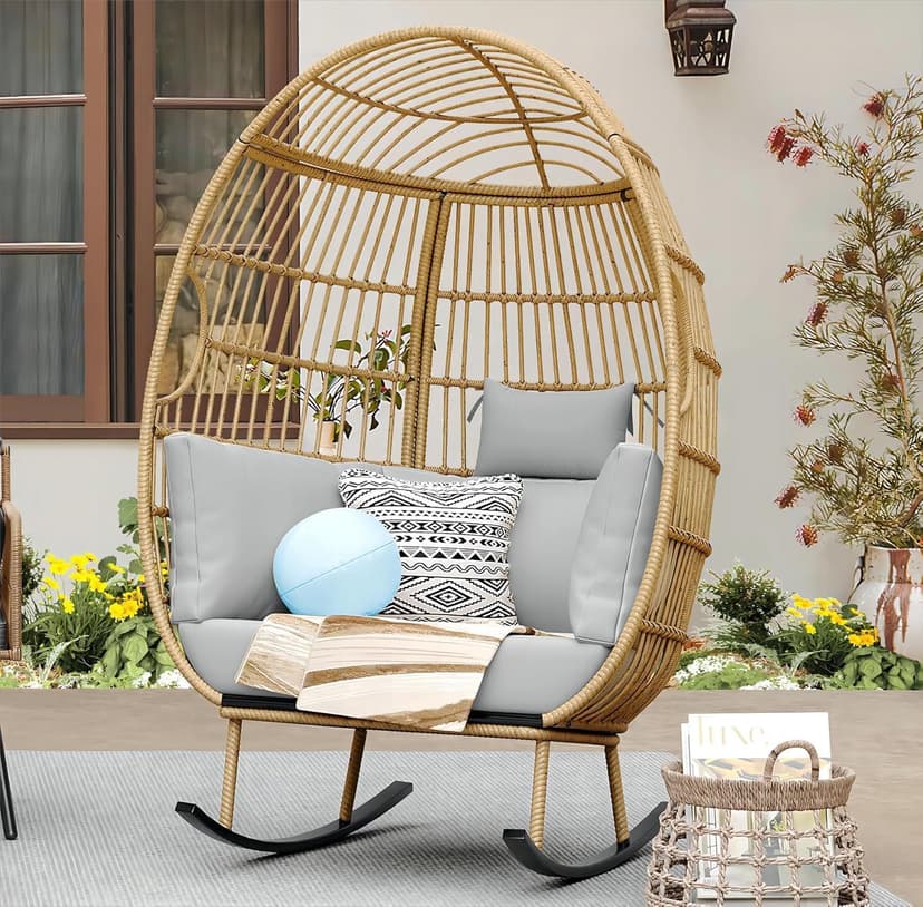 YITAHOME Wicker Egg Chair - Outdoor Rocking Chair for Patio, Grey