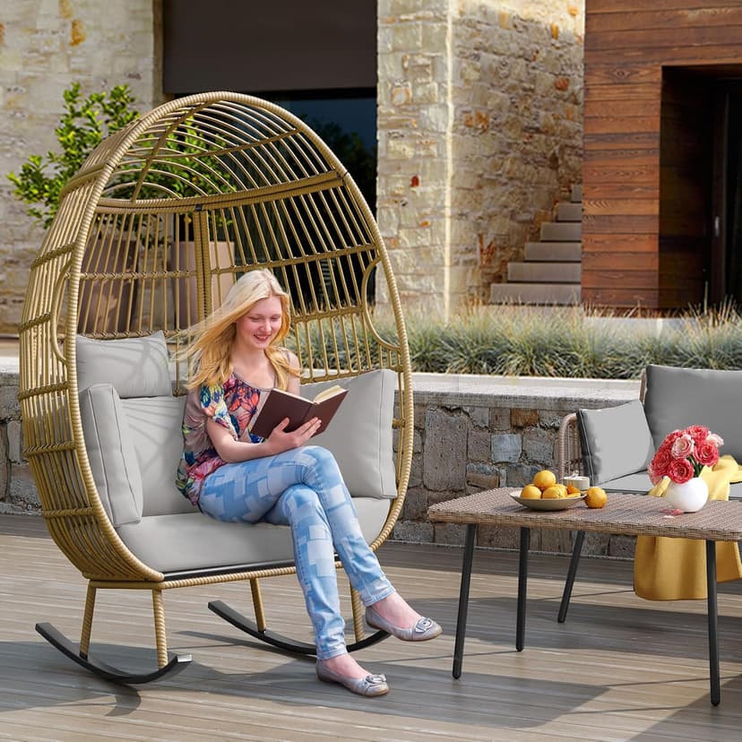 YITAHOME Wicker Egg Chair - Outdoor Rocking Chair for Patio, Grey