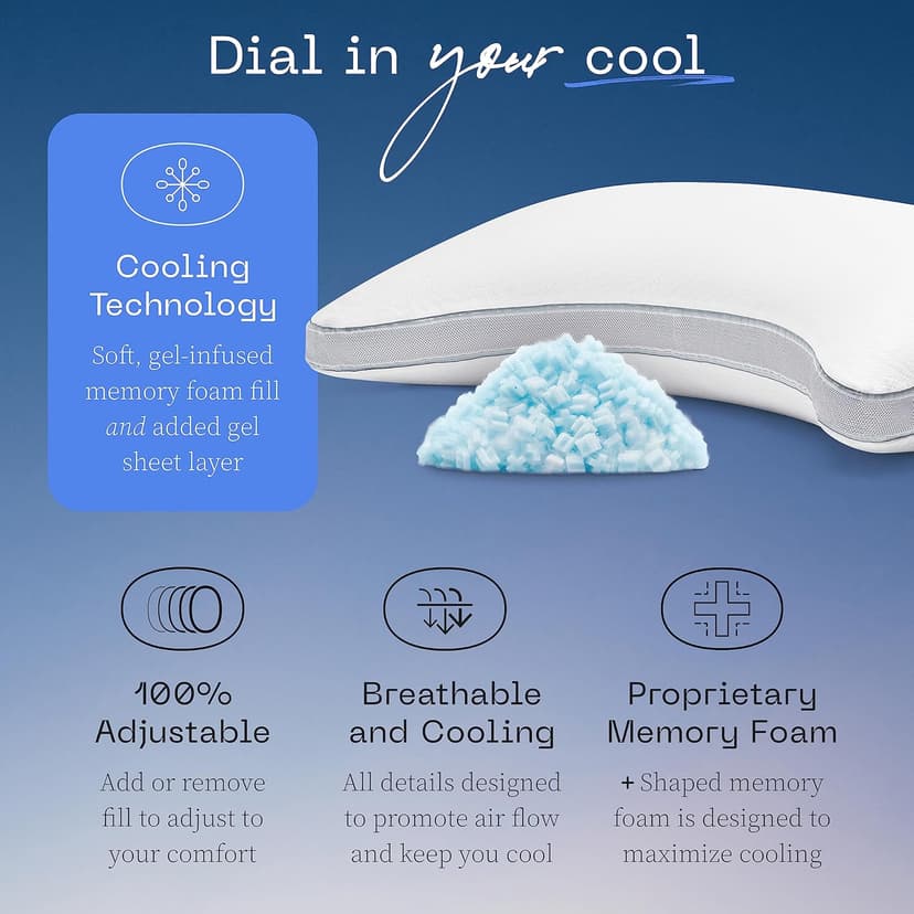 Coop Home Goods Cool+ Crescent Adjustable Pillow, Queen Size Plus Shaped Memory Foam Pillows with Cooling Gel, Neck Support, Back or Side Sleeper Pillow, CertiPUR US/GREENGUARD Gold