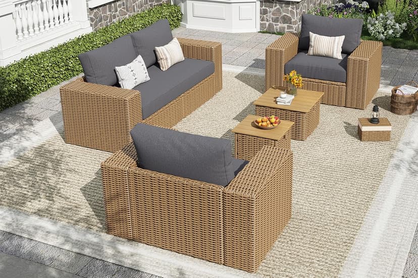 AMERLIFE 6-Piece Patio Sofa Set with Convertible Coffee Table - 8.3" Wide Armrests, UV-Resistant PE Rattan Outdoor Conversation Set for Balcony/Poolside, Waterproof Grey Cushions, Heavy-Duty Wicker